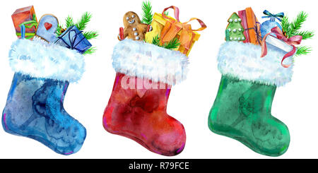 Christmas colorfull socks with gifts isolated on white background. Watercolor hand drawn illustration Stock Photo