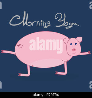 Morning yoga with a pig. Pig is engaged in gymnastics. Dark blue background. The text above the picture Morning Yoga . Stock Photo