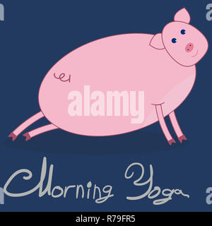 Morning yoga with a pig. The pig is engaged in stretching the legs. Dark blue background. The gray text under the picture Morning Yoga . Stock Photo