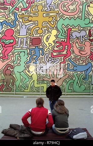 Pisa Italy, the 'Tuttomondo' mural created by the American painter and writer Keith Haring Stock Photo