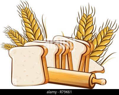 slices bread with rolling pin isolated on white background Stock Vector