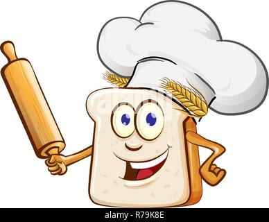 bread chef with rollin pin cartoon isolated on white background Stock Vector