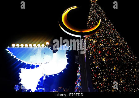 HAIFA, ISRAEL - DECEMBER 30, 2017: Decoratively decorated for Christmas celebrations tree and pigeon with Chanukah Menorah on the Sderot Ben Gurion st Stock Photo