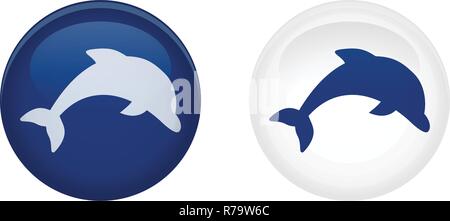 Simple dolphin button. Jumping fish symbol in circle. Blue and white version. Stock Vector