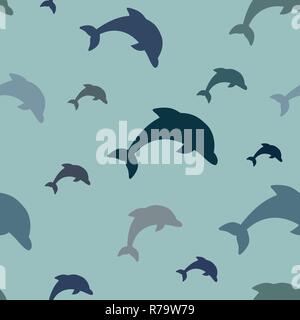 Seamless pattern - simple jumping dolphins in various shades of blue on aqua background. Stock Vector
