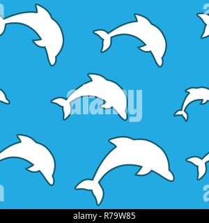Seamless pattern - simple white jumping dolphins on aqua blue background. Stock Vector