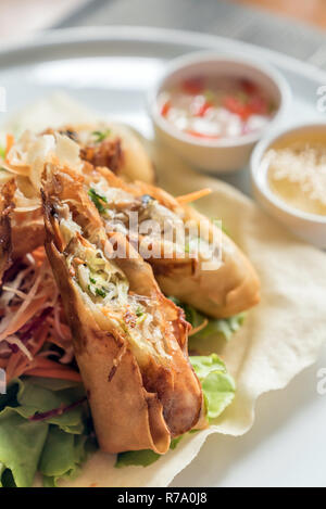 Deep fried Spring roll in white plate Thai food Stock Photo