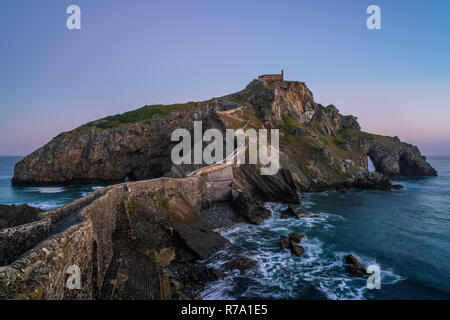 Gaztelugatxe hermitage under the light of the moon at dawn,Basque Country Stock Photo