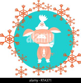 Vector cute pig in white hat on blue background. Symbol of Chinese New Year 2019. Stock Vector