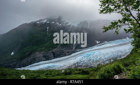 View of Exit glacier under the clouds, Alaska Stock Photo