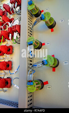Control panel with electrical switches closeup Stock Photo