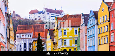 Traditional colorful castle and Trausnitz old castle in Landshut town,Bavaria,Germany. Stock Photo