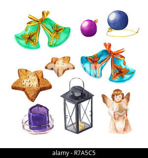 Set of Christmas things. Angel, balls, bells, lamp, candle, cookies. Watercolor Xmas decoration Stock Photo