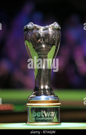 The Betway UK championship trophy on display during day twelve of the Betway UK Championship at The York Barbican. Stock Photo