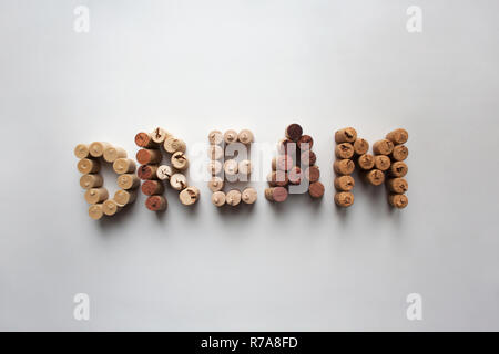 Wine corks word "DREAM" isolated on white background from a high angle view Stock Photo