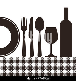 Bottle, wineglass, plate, knife, fork, spoon and tablecloth pattern isolated on white background Stock Photo