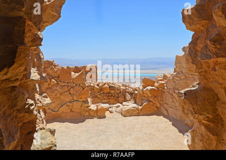 stone arch to the platform with a view of the dead sea and the mountains of Jordan. View from the fortress Massada in Israel. Stock Photo