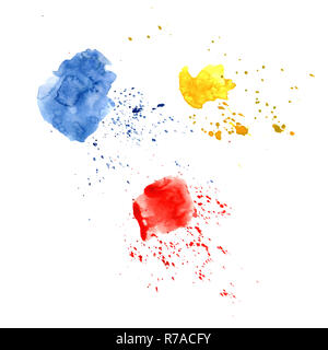 Abstract watercolor spot with droplets, smudges, stains, splashes. Three bright red yellow and blue color blot in grunge style. To design and decor backgrounds, banners, flyers Stock Photo