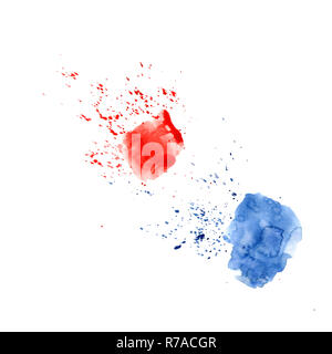 Abstract watercolor spot with droplets, smudges, stains, splashes. Two Bright red and blue color blot in grunge style. To design and decor backgrounds, banners, flyers Stock Photo