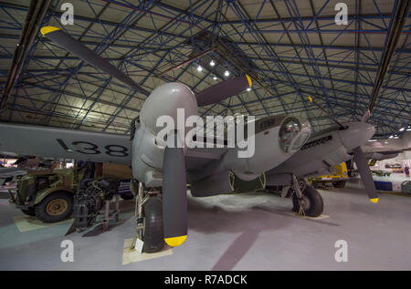 RAF Museum, London, UK. 8 December, 2018. To celebrate 100 years since the formation of the RAF, London offer visitors the last chance to get a closer look inside 14 cockpits and vehicles from the RAF Museum collection including a Hawker Hurricane, Hawker Typhoon, Liberator, Stuka and Bristol Beaufort. Image: The iconic Mosquito on display (not included in the cockpit event). Credit: Malcolm Park/Alamy Live News. Stock Photo