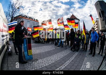 Munich, Bavaria, Germany. 8th December, 2018. Pegida Dresden in Munich, the self-proclaimed original Pegida, organized a rally in the city's Milberthofen district in front of the Dankeskirche (Thanks Church) of Munich. Headed by Michael Stuerzenberger, the group rallied against the United Nations Migration Pact. Speaking with Stuerzenberger was Gernot Tegetmeyer from the Nuremburg Pegida circles, who are likewi Credit Credit: ZUMA Press, Inc./Alamy Live News