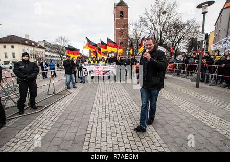 Munich, Bavaria, Germany. 8th December, 2018. Pegida Dresden in Munich, the self-proclaimed original Pegida, organized a rally in the city's Milberthofen district in front of the Dankeskirche (Thanks Church) of Munich. Headed by Michael Stuerzenberger, the group rallied against the United Nations Migration Pact. Speaking with Stuerzenberger was Gernot Tegetmeyer from the Nuremburg Pegida circles, who are likewi Credit Credit: ZUMA Press, Inc./Alamy Live News