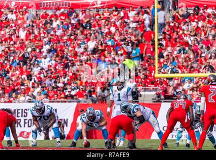 Tampa, Florida, USA. 02nd Dec, 2018. Carolina Panthers quarterback Cam Newton (1) during the game between the Carolina Panthers and the Tampa Bay Buccaneers at Raymond James Stadium in Tampa, Florida. Del Mecum/CSM/Alamy Live News Stock Photo