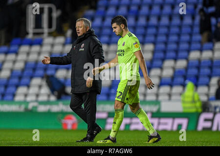 Madejski Stadium, London, UK. 8th December 2018. Sky Bet Championship, Reading v Sheffield United ; Chris Wilder manager of Sheffield United , John Egan (12) of Sheffield United celibrate after winning 0-2  Credit: Phil Westlake/News Images,  English Football League images are subject to DataCo Licence Credit: News Images /Alamy Live News Stock Photo