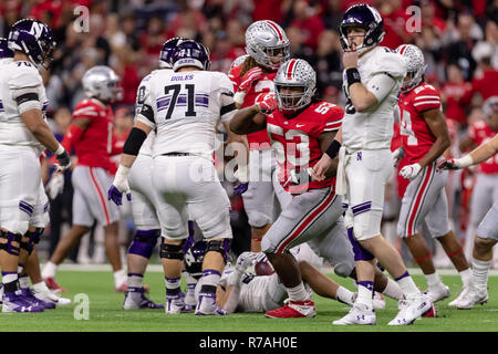 December 1st, 2018: Ohio State Buckeyes defensive tackle Davon Hamilton (53) reacts to a tackle in the 2018 Big Ten Championship game between the Northwestern Wildcats and the Ohio State Buckeyes on December 01, 2018 at Lucas Oil Stadium in Indianapolis, IN. Adam Lacy/CSM. Stock Photo