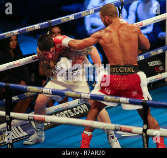 Sheffield, UK. 8th Dec 2018.   Kell Brook (Red Shorts) v Michael Zerafa (White/Blue Shorts) during the Final Eliminator contest for the WBA World Super-welterweight Title.  Credit: Touchlinepics/Alamy Live News Stock Photo