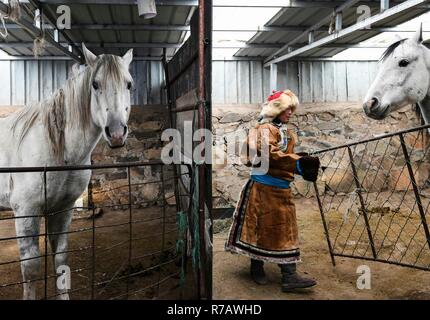 Beijing, China's Inner Mongolia Autonomous Region. 6th Dec, 2018. The owner of a horse ranch checks on the horses in Dong Ujimqin Qi of Xilin Gol, north China's Inner Mongolia Autonomous Region, Dec. 6, 2018. Credit: Liu Lei/Xinhua/Alamy Live News Stock Photo