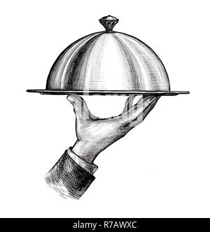 Waiter hand holding cloche serving plate. Vintage sketch isolated on white background Stock Photo