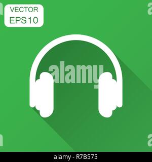 Headphone headset icon in flat style. Headphones vector illustration with long shadow. Audio gadget business concept. Stock Vector