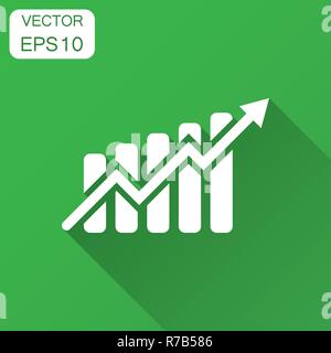 Growing bar graph icon in flat style. Increase arrow vector illustration with long shadow. Infographic progress business concept. Stock Vector