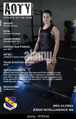 Alyssa, a Senior Airman with the 22nd Intelligence Squadron, prepares to  complete a set number of resistance-band deadlifts during her training at  the Gaffney Fitness Center Feb. 6, 2016 at Fort George