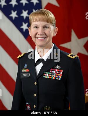 U.S. Army Maj. Gen. Patricia Frost, Director of Cyber, G3/5/7 (Operations), poses for a command portrait in the Army portrait studio at the Pentagon in Arlington, VA, Apr. 12, 2017. Stock Photo