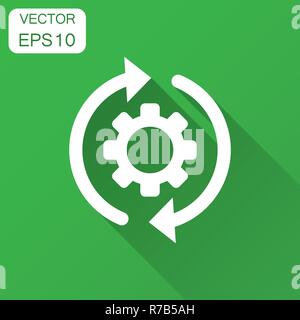 Workflow process icon in flat style. Gear cog wheel with arrows vector illustration with long shadow. Workflow business concept. Stock Vector