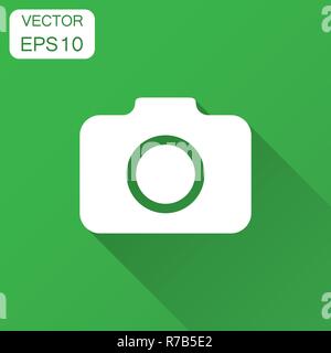 Photo camera icon in flat style. Photographer cam equipment vector illustration with long shadow. Camera business concept. Stock Vector