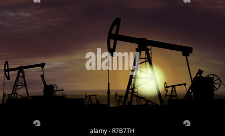 Working oil pumps on gray sky background. Environmental pollution and the exploitation of natural resources in concept 3D illustration. Stock Photo