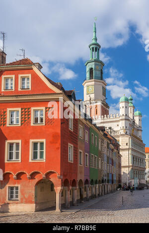 Colorful houses and Town hall on Poznan Old Market Square, Poland. Stock Photo