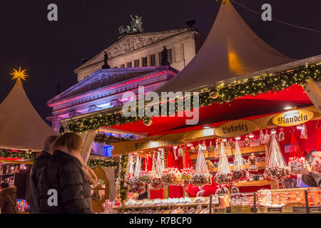 Berlin, Germany - December 6, 2017: Decorated booths and christmas lights at Gendarmenmarkt Christmas Market. Stock Photo