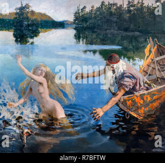 The Aino Myth triptych by Akseli Gallen-Kallela (1865-1931), oil on canvas, 1891. The painting, depicting Väinämöinen and Aino, is a story from the Finnish work of epic poetry, the Kalevala. Detail of the central panel of the triptych - full work can be seen as R7BFT5 Stock Photo