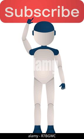 The robot presses the red button subscribe vector illustration on a white background. Arrange to receive something regularly Stock Vector