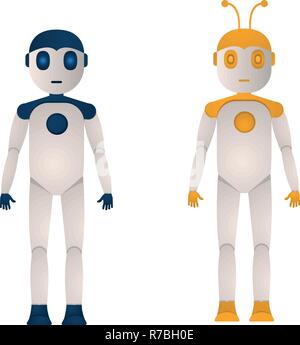 Two robots of blue and yellow color in a flat style vector illustration on a white background. Stock Vector
