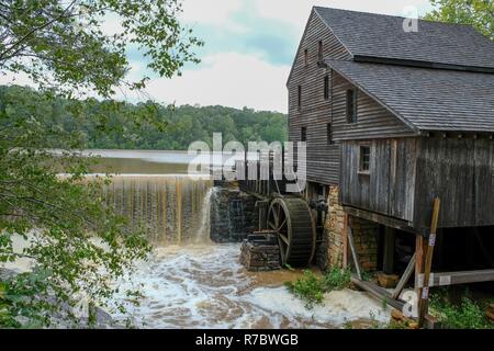 View of the old gristmill at Historic Yates Mill County Park during flooding, with muddy water gushing over the waterfall. Stock Photo