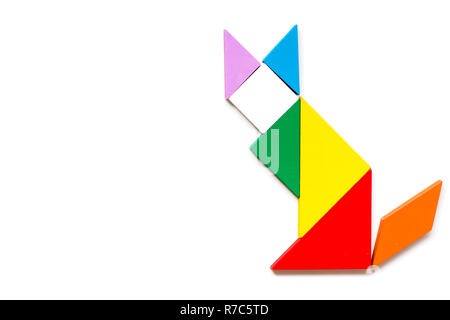 Color wood tangram puzzle in cat shape on white background Stock Photo