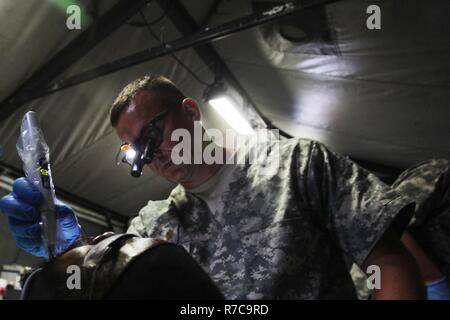 U.S. Army Maj. Aaron Taff, attached to the Wyoming National Guard Medical Detachment, seals a filling during a medical readiness event held in San Ignacio, Belize, May 08, 2017. This is the second of three medical events that are scheduled to take place during Beyond the Horizon 2017. BTH 2017 is a U.S. Southern Command-sponsored, Army South-led exercise designed to provide humanitarian and engineering services to communities in need, demonstrating U.S. support for Belize. Stock Photo