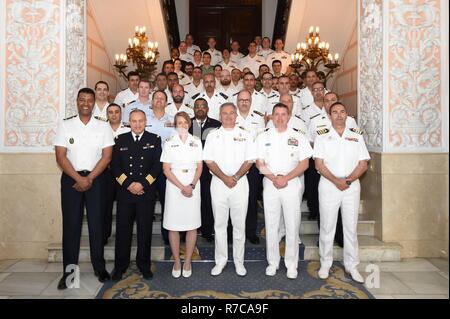 CARTAGENA, Spain (May 10, 2017) Exercise Phoenix Express 2017 leadership pose for a group photo after opening ceremonies at the Spanish Naval Base Arsenal de Cartagena May 10, 2017. Phoenix Express, sponsored by U.S. Africa Command and facilitated by U.S. Naval Forces Europe-Africa/U.S. 6th Fleet, is designed to improve regional cooperation, increase maritime domain awareness information sharing practices, and operational capabilities to enhance efforts to achieve safety and security in the Mediterranean Sea. Stock Photo
