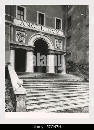 Lazio Roma Rome Ponteficio Ateneo Angelicum, this is my Italy, the italian country of visual history, View of academy's facade, with detail views of crests, portico statue and fountain. Unable to verify fountain's location in this monument. These views part of numerical sequence for SS. Domenico e Sisto, which is next door. Stock Photo