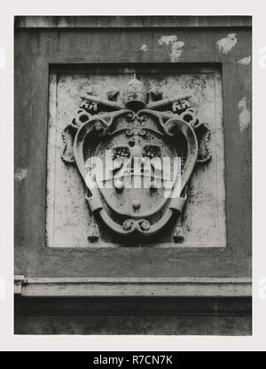 Lazio Roma Rome Ponteficio Ateneo Angelicum, this is my Italy, the italian country of visual history, View of academy's facade, with detail views of crests, portico statue and fountain. Unable to verify fountain's location in this monument. These views part of numerical sequence for SS. Domenico e Sisto, which is next door. Stock Photo